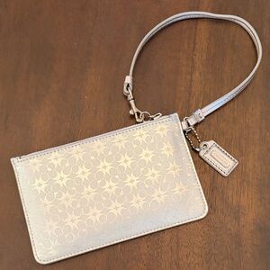 Coach Signature Silver Metallic Wristlet Pouch